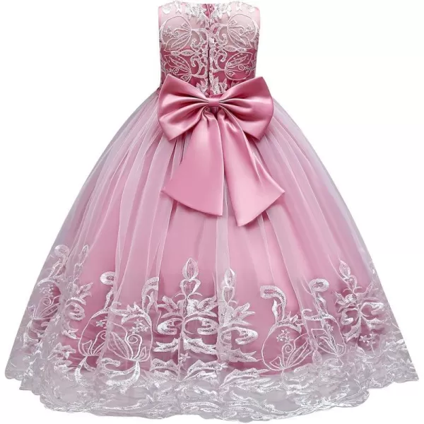 Flower Girl Lace Dress for Kids Wedding Bridesmaid Pageant Party Formal Long Gown Princess Communion Tulle Bow DressesDusty Pink