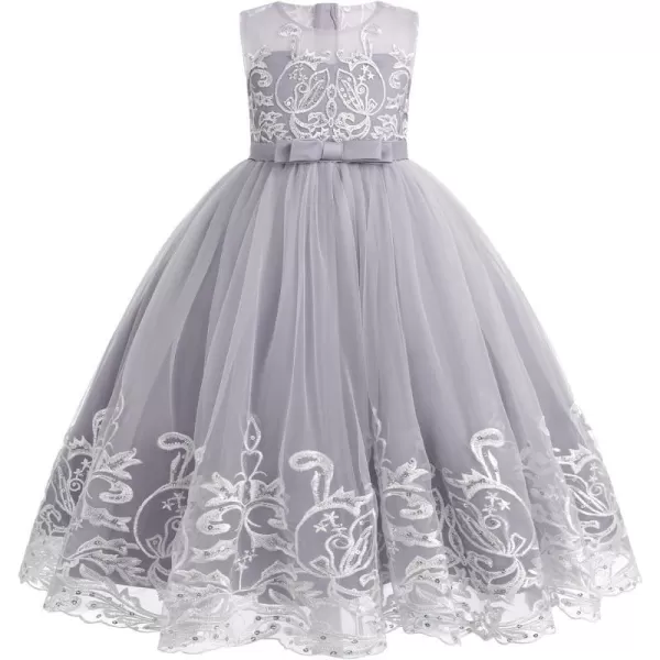 Flower Girl Lace Dress for Kids Wedding Bridesmaid Pageant Party Formal Long Gown Princess Communion Tulle Bow DressesGray