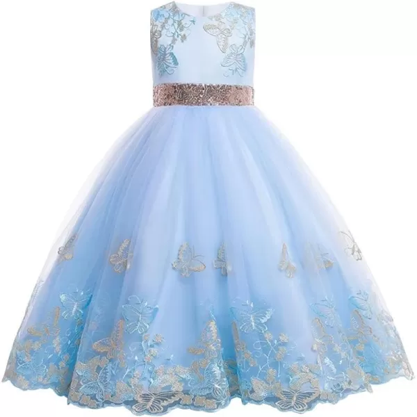 Flower Girl Lace Dress for Kids Wedding Bridesmaid Pageant Party Formal Long Gown Princess Communion Tulle Bow DressesLight Blue  Butterfly