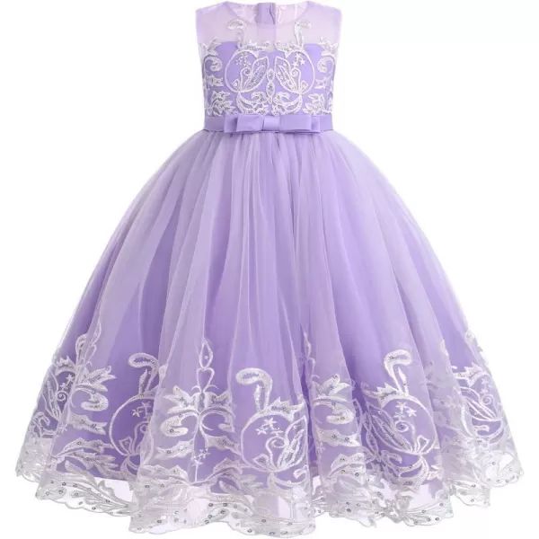 Flower Girl Lace Dress for Kids Wedding Bridesmaid Pageant Party Formal Long Gown Princess Communion Tulle Bow DressesLight Purple