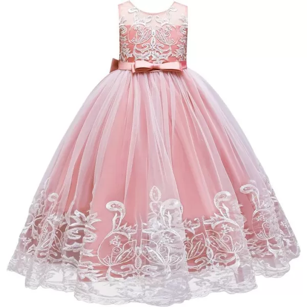 Flower Girl Lace Dress for Kids Wedding Bridesmaid Pageant Party Formal Long Gown Princess Communion Tulle Bow DressesPink