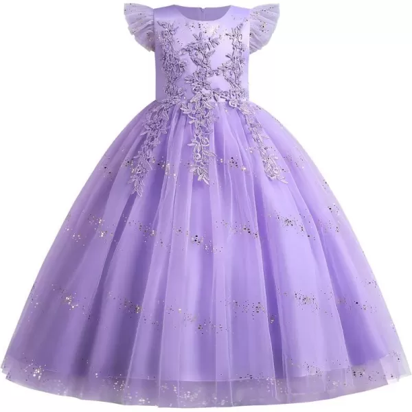 Flower Girl Lace Dress for Kids Wedding Bridesmaid Pageant Party Formal Long Gown Princess Communion Tulle Bow DressesPurple  Sequin