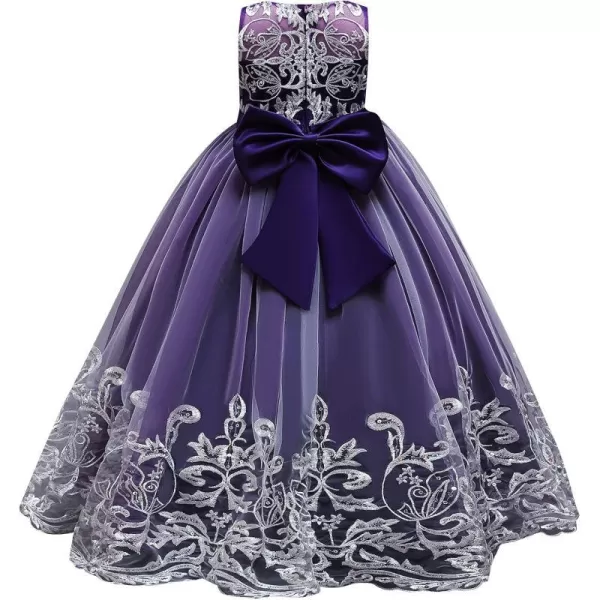 Flower Girl Lace Dress for Kids Wedding Bridesmaid Pageant Party Formal Long Gown Princess Communion Tulle Bow DressesPurple