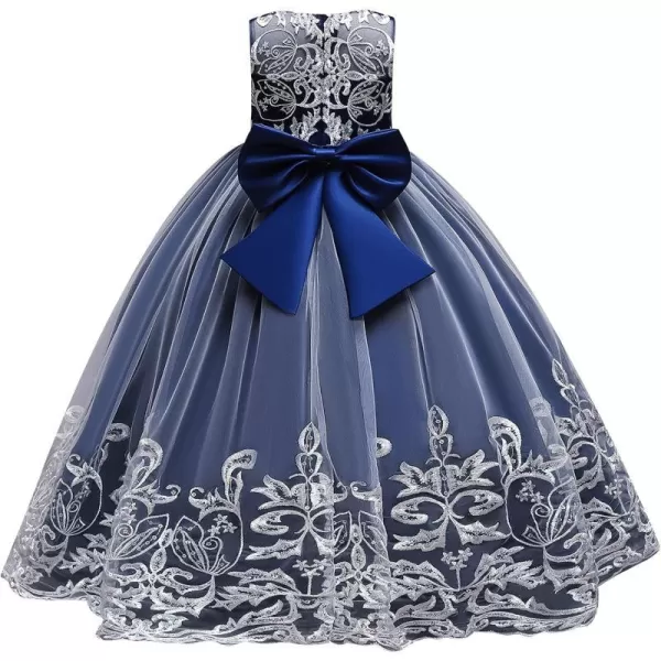 Flower Girl Lace Dress for Kids Wedding Bridesmaid Pageant Party Formal Long Gown Princess Communion Tulle Bow DressesRoyal Blue