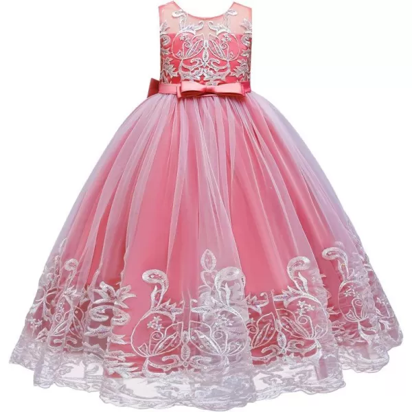 Flower Girl Lace Dress for Kids Wedding Bridesmaid Pageant Party Formal Long Gown Princess Communion Tulle Bow DressesWatermelon Red