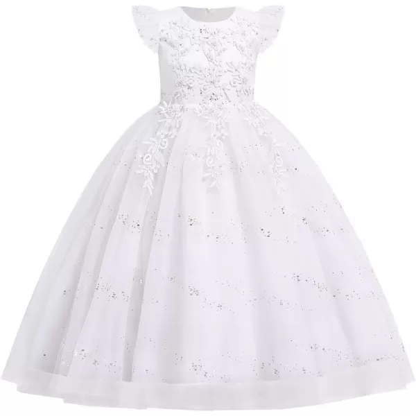 Flower Girl Lace Dress for Kids Wedding Bridesmaid Pageant Party Formal Long Gown Princess Communion Tulle Bow DressesWhite  Sequin