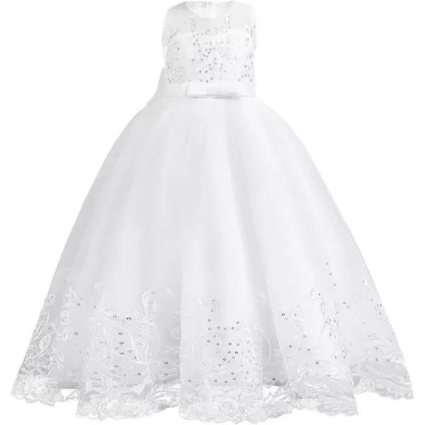 Flower Girl Lace Dress for Kids Wedding Bridesmaid Pageant Party Formal Long Gown Princess Communion Tulle Bow DressesWhite