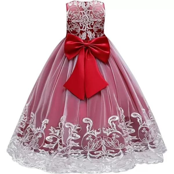 Flower Girl Lace Dress for Kids Wedding Bridesmaid Pageant Party Formal Long Gown Princess Communion Tulle Bow DressesWine Red