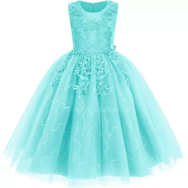 Flower Girl Lace Dress for Kids Wedding Bridesmaid Pageant Party Formal Long Gown Princess Communion Tulle Dresses 312Aqua