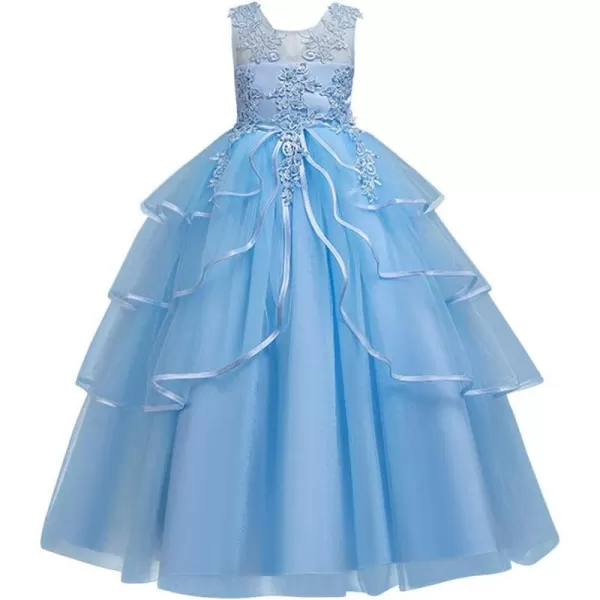 Flower Girl Lace Dress for Kids Wedding Bridesmaid Pageant Party Formal Long Gown Princess Communion Tulle Dresses 312Blue 01