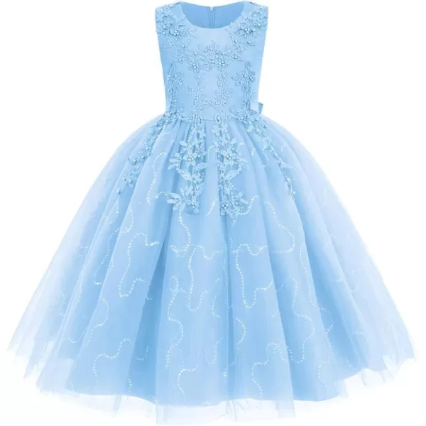 Flower Girl Lace Dress for Kids Wedding Bridesmaid Pageant Party Formal Long Gown Princess Communion Tulle Dresses 312Blue