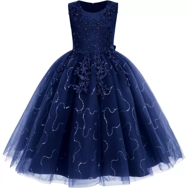 Flower Girl Lace Dress for Kids Wedding Bridesmaid Pageant Party Formal Long Gown Princess Communion Tulle Dresses 312Navy Blue