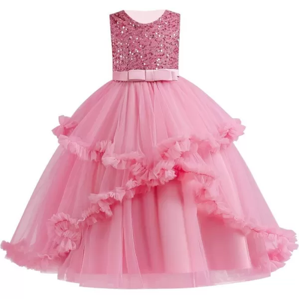 Flower Girl Lace Dress for Kids Wedding Bridesmaid Pageant Party Formal Long Gown Princess Communion Tulle Dresses 312Pink  Ruffle