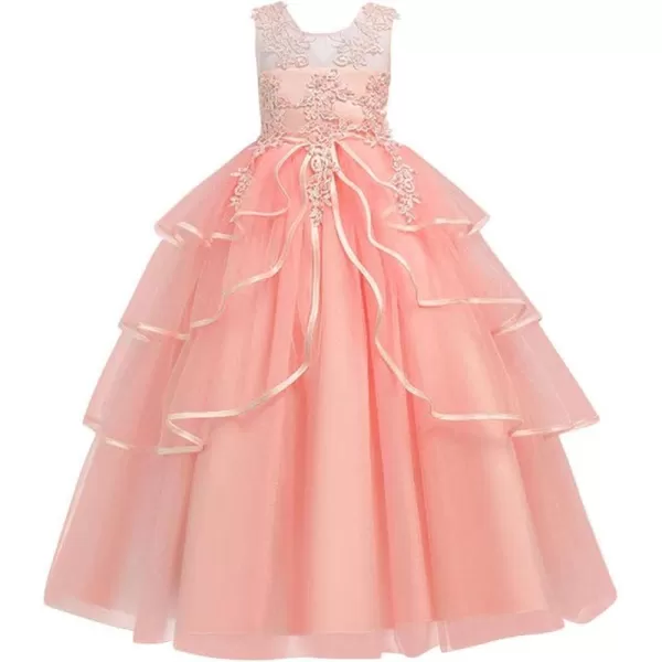 Flower Girl Lace Dress for Kids Wedding Bridesmaid Pageant Party Formal Long Gown Princess Communion Tulle Dresses 312Pink 01