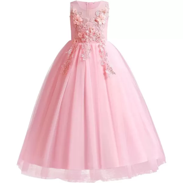 Flower Girl Lace Dress for Kids Wedding Bridesmaid Pageant Party Formal Long Gown Princess Communion Tulle Dresses 312Pink 02