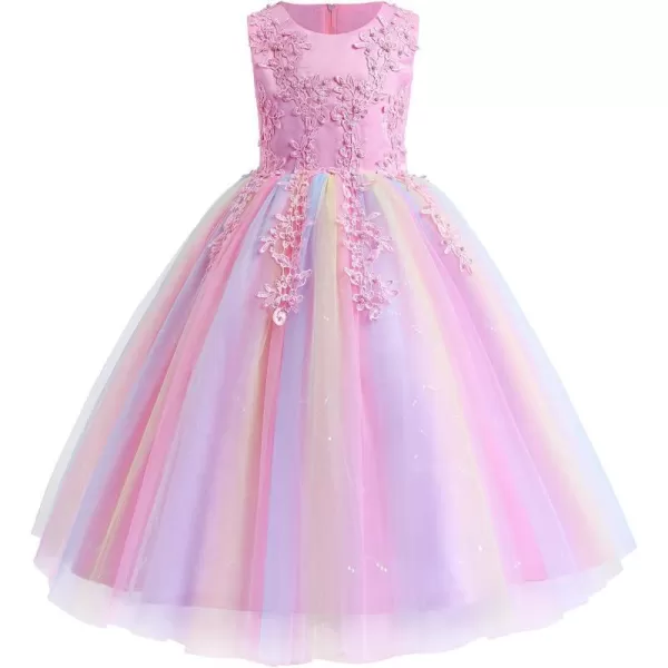 Flower Girl Lace Dress for Kids Wedding Bridesmaid Pageant Party Formal Long Gown Princess Communion Tulle Dresses 312Rainbow Pink