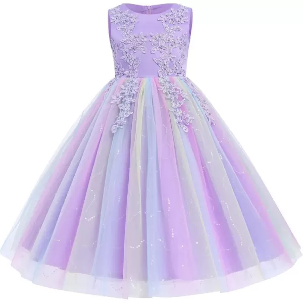 Flower Girl Lace Dress for Kids Wedding Bridesmaid Pageant Party Formal Long Gown Princess Communion Tulle Dresses 312Rainbow Purple