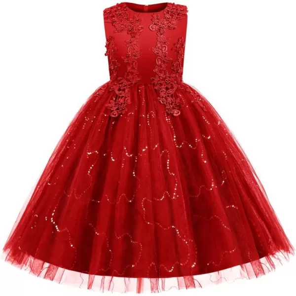 Flower Girl Lace Dress for Kids Wedding Bridesmaid Pageant Party Formal Long Gown Princess Communion Tulle Dresses 312Red