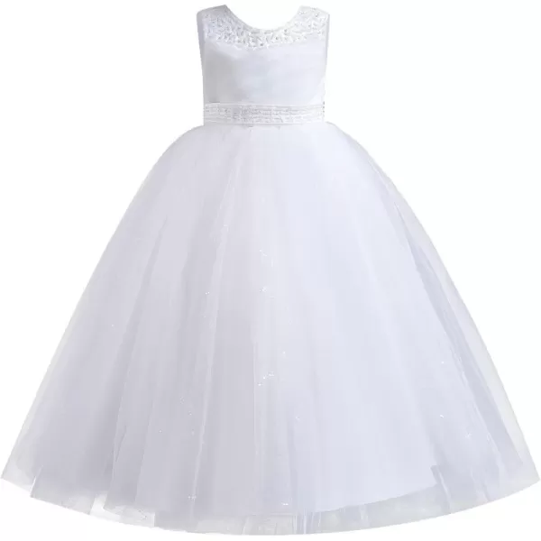 Flower Girl Lace Dress for Kids Wedding Bridesmaid Pageant Party Formal Long Gown Princess Communion Tulle Dresses 312White  Sequin Beads