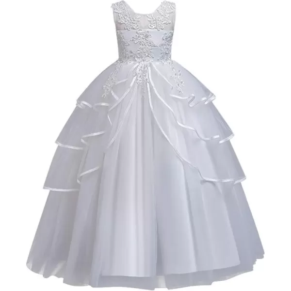 Flower Girl Lace Dress for Kids Wedding Bridesmaid Pageant Party Formal Long Gown Princess Communion Tulle Dresses 312White 01