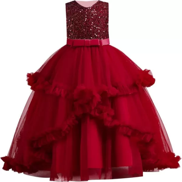 Flower Girl Lace Dress for Kids Wedding Bridesmaid Pageant Party Formal Long Gown Princess Communion Tulle Dresses 312Wine Red  Ruffle