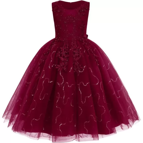 Flower Girl Lace Dress for Kids Wedding Bridesmaid Pageant Party Formal Long Gown Princess Communion Tulle Dresses 312Wine Red