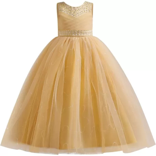 Flower Girl Lace Dress for Kids Wedding Bridesmaid Pageant Party Formal Long Gown Princess Communion Tulle Dresses 312Yellow  Sequin Beads