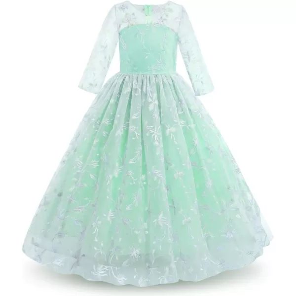 Flower Girl Lace Dress for Kids Wedding Bridesmaid Pageant Party Formal Maxi Gown Princess Communion Long Tulle DressesGreen Floral