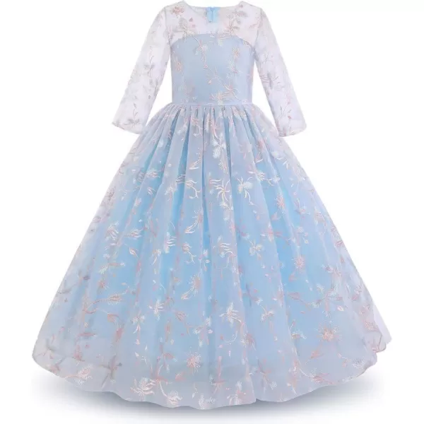 Flower Girl Lace Dress for Kids Wedding Bridesmaid Pageant Party Formal Maxi Gown Princess Communion Long Tulle DressesLight Blue Floral