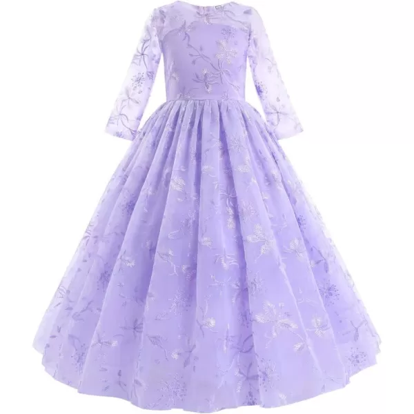 Flower Girl Lace Dress for Kids Wedding Bridesmaid Pageant Party Formal Maxi Gown Princess Communion Long Tulle DressesPurple Floral