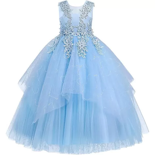 Flower Girl Lace Dress for Kids Wedding Bridesmaid Pageant Party Long Gown Princess Communion Sequins Puffy Tulle DressesBlue