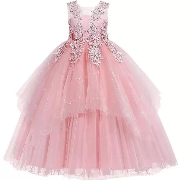 Flower Girl Lace Dress for Kids Wedding Bridesmaid Pageant Party Long Gown Princess Communion Sequins Puffy Tulle DressesPink