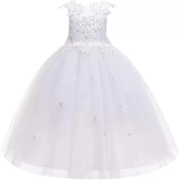 Flower Girl Lace Dress for Kids Wedding Bridesmaid Pageant Party Long Gown Princess Communion Sequins Puffy Tulle DressesWhite  Backless