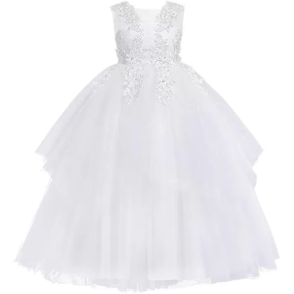 Flower Girl Lace Dress for Kids Wedding Bridesmaid Pageant Party Long Gown Princess Communion Sequins Puffy Tulle DressesWhite