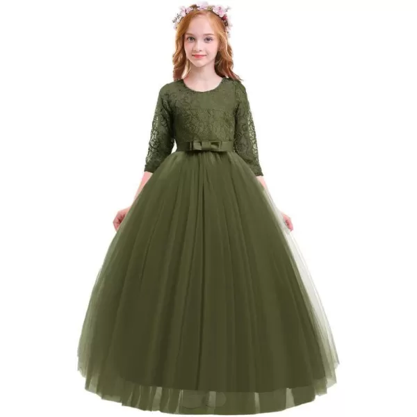 Flower Girl Lace Dress for Kids Wedding Bridesmaid Pageant Party Prom Formal Ball Gown Princess Puffy Tulle DressesArmy Green