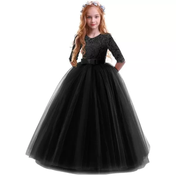 Flower Girl Lace Dress for Kids Wedding Bridesmaid Pageant Party Prom Formal Ball Gown Princess Puffy Tulle DressesBlack