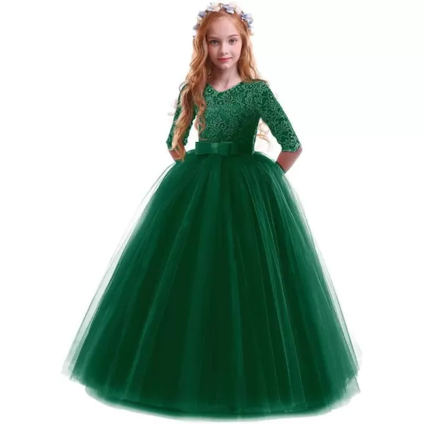 Flower Girl Lace Dress for Kids Wedding Bridesmaid Pageant Party Prom Formal Ball Gown Princess Puffy Tulle DressesBlackish Green