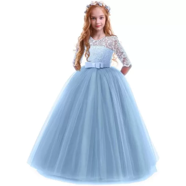 Flower Girl Lace Dress for Kids Wedding Bridesmaid Pageant Party Prom Formal Ball Gown Princess Puffy Tulle DressesBlue