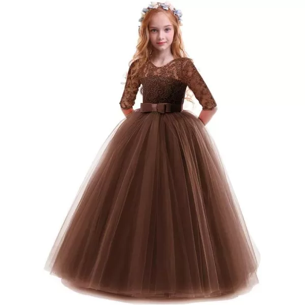 Flower Girl Lace Dress for Kids Wedding Bridesmaid Pageant Party Prom Formal Ball Gown Princess Puffy Tulle DressesBrown