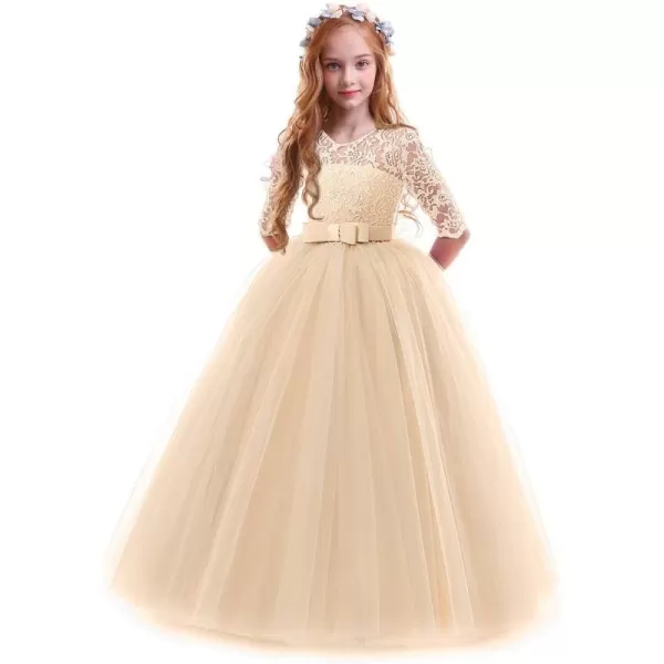 Flower Girl Lace Dress for Kids Wedding Bridesmaid Pageant Party Prom Formal Ball Gown Princess Puffy Tulle DressesChampagne