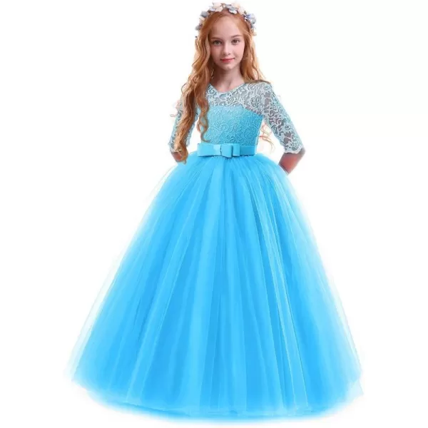 Flower Girl Lace Dress for Kids Wedding Bridesmaid Pageant Party Prom Formal Ball Gown Princess Puffy Tulle DressesDark Blue