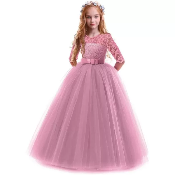 Flower Girl Lace Dress for Kids Wedding Bridesmaid Pageant Party Prom Formal Ball Gown Princess Puffy Tulle DressesDark Pink