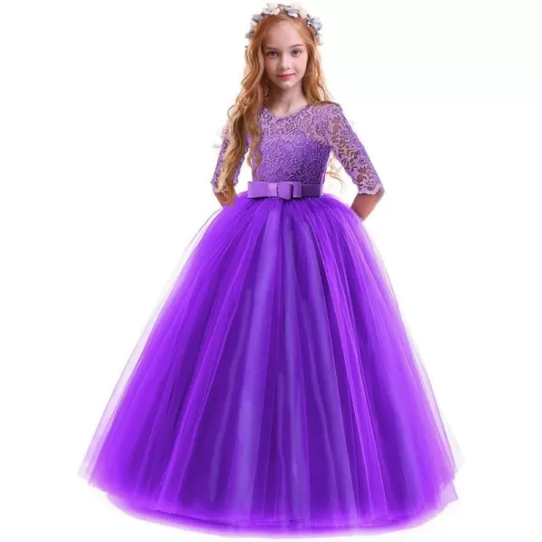 Flower Girl Lace Dress for Kids Wedding Bridesmaid Pageant Party Prom Formal Ball Gown Princess Puffy Tulle DressesDark Purple