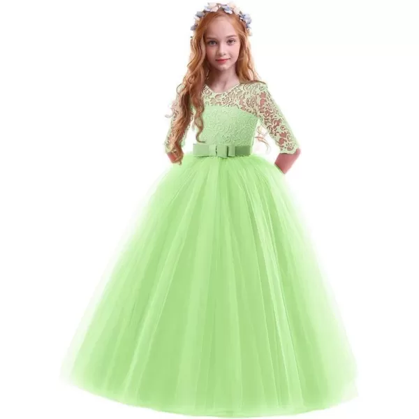 Flower Girl Lace Dress for Kids Wedding Bridesmaid Pageant Party Prom Formal Ball Gown Princess Puffy Tulle DressesGrass Green