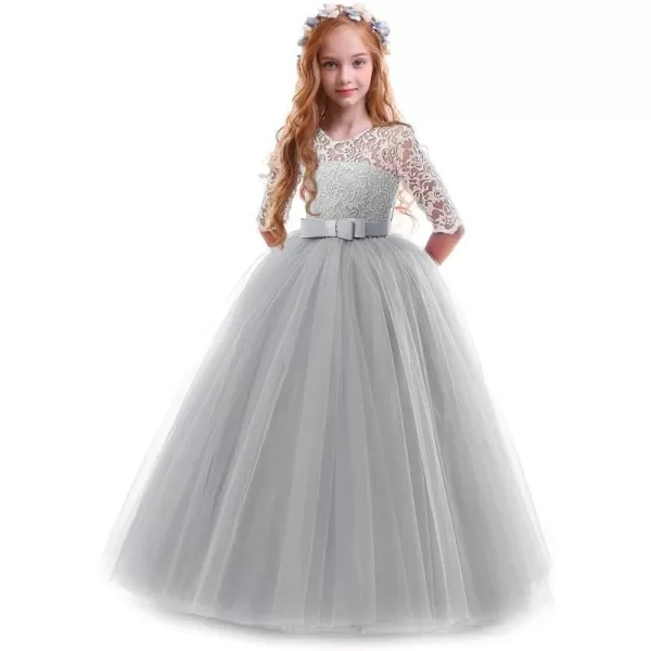 Flower Girl Lace Dress for Kids Wedding Bridesmaid Pageant Party Prom Formal Ball Gown Princess Puffy Tulle DressesGray