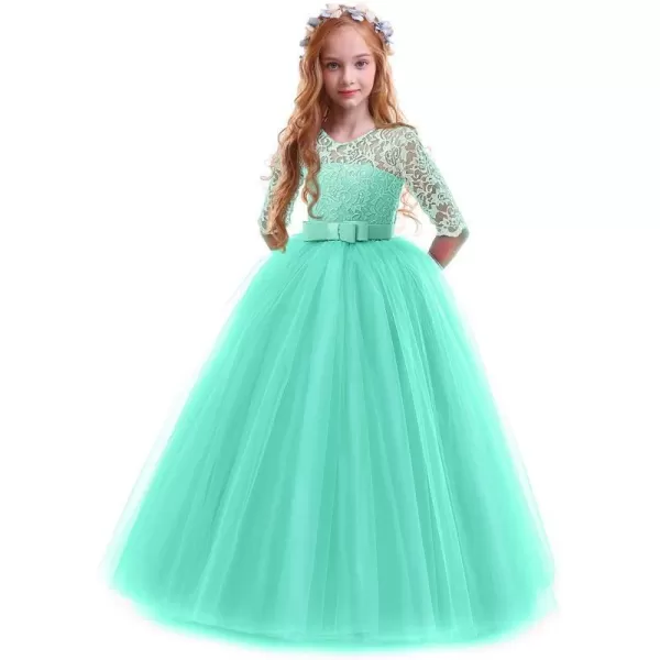 Flower Girl Lace Dress for Kids Wedding Bridesmaid Pageant Party Prom Formal Ball Gown Princess Puffy Tulle DressesGreen