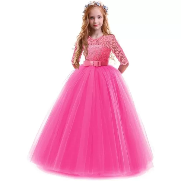 Flower Girl Lace Dress for Kids Wedding Bridesmaid Pageant Party Prom Formal Ball Gown Princess Puffy Tulle DressesHot Pink