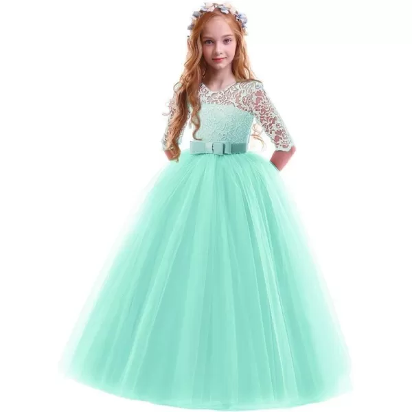 Flower Girl Lace Dress for Kids Wedding Bridesmaid Pageant Party Prom Formal Ball Gown Princess Puffy Tulle DressesMint Green