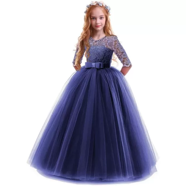 Flower Girl Lace Dress for Kids Wedding Bridesmaid Pageant Party Prom Formal Ball Gown Princess Puffy Tulle DressesNavy Blue