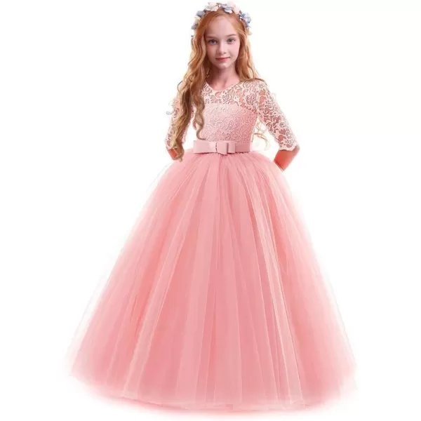 Flower Girl Lace Dress for Kids Wedding Bridesmaid Pageant Party Prom Formal Ball Gown Princess Puffy Tulle DressesPink